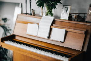 Old piano with sheet music