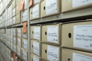 business archive boxes on shelves