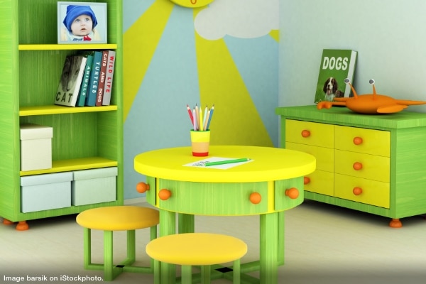 brightly coloured, organized children's playroom representing tips to keep kids organized