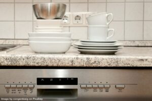 piles of dishes on a counter above a dishwasher representing the power of automation