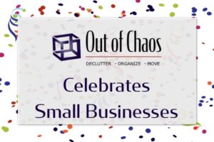 Out of Chaos logo followed by the text Celebrates Small Businesses with a background of confetti