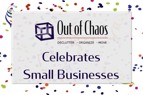 Out of Chaos logo followed by the text Celebrates Small Businesses with a background of confetti