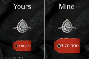 two identical diamond rings side by side. one labelled "yours" with a price of $10,000 the other labelled "mine" with a price of $20,000. representing the endowment effect